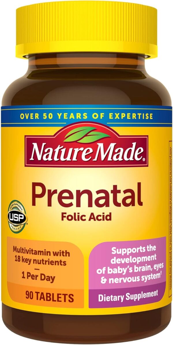 Nature Made Prenatal Multivitamin with Folic Acid, Prenatal Vitamin and Mineral Supplement for Daily Nutritional Support, 90 Tablets, 90 Day Supply
