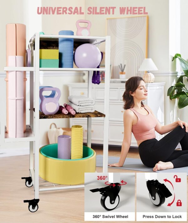 Yoga Mat Storage Rack with Wheels, 3 Tier Home Gym Workout Equipment Organizer for Dumbbells, Kettlebells, Foam Rollers