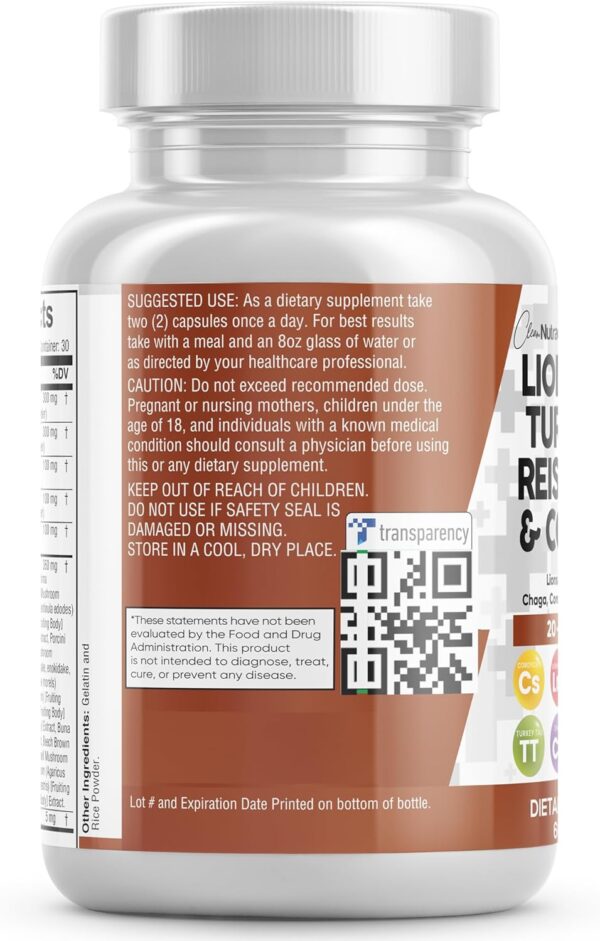 Clean Nutraceuticals Lions Mane 20in1 Mushroom Supplement with Turkey Tail Reishi Cordyceps Chaga Maitake Meshima Poria Cocos Shiitake Oyster Porcini Enoki - Pack