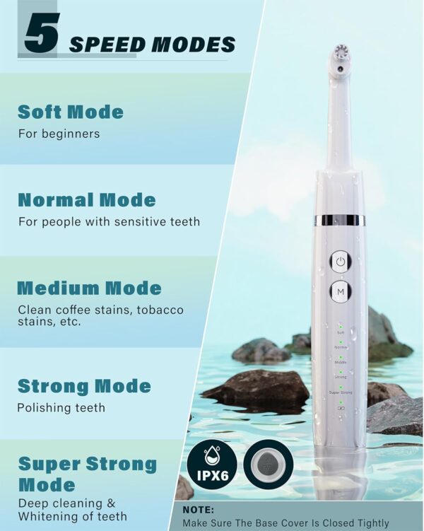 Tooth Polisher, Rechargeable Tooth Whitening Kit for Teeth Cleaning and Whitening, with 3 Tooth Polish Paste and 5 Brush Heads, LED Light, Easy to Use at-Home Personal Dental Care Kit