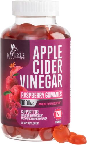 Apple Cider Vinegar Gummies 1000mg for Detox & Cleanse, ACV Gummy Vitamin B12 for Digestion Metabolism & Immune Health Support, Natural Apple Raspberry Flavor, Gluten Free & Vegan - 120 Gummies