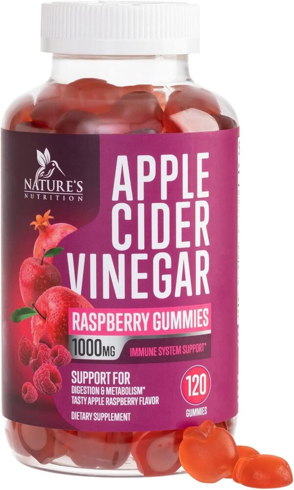 Apple Cider Vinegar Gummies 1000mg for Detox & Cleanse, ACV Gummy Vitamin B12 for Digestion Metabolism & Immune Health Support, Natural Apple Raspberry Flavor, Gluten Free & Vegan - 120 Gummies