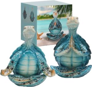 Set of 2 Sea Turtle Yoga Figurines Decorations Summer Meditating Sea Turtle Decor Spring Garden Turtle Crafts,Sea Turtle Yoga Figurines for Home Office Decorations