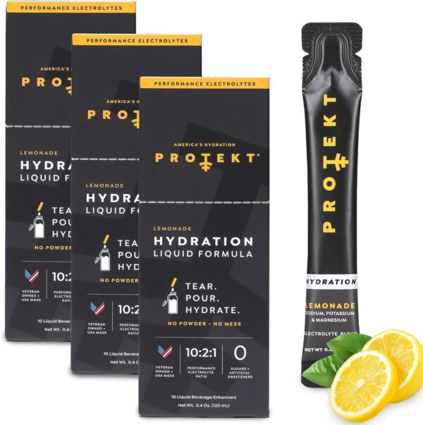 PROTEKT Electrolyte Packets for Recovery & Hydration | Organic & Sugar-Free Electrolytes Drinks | Works Faster Than Powder Drink | On-The-Go Liquid Hydration Drink | Lemonade, 30 Pack