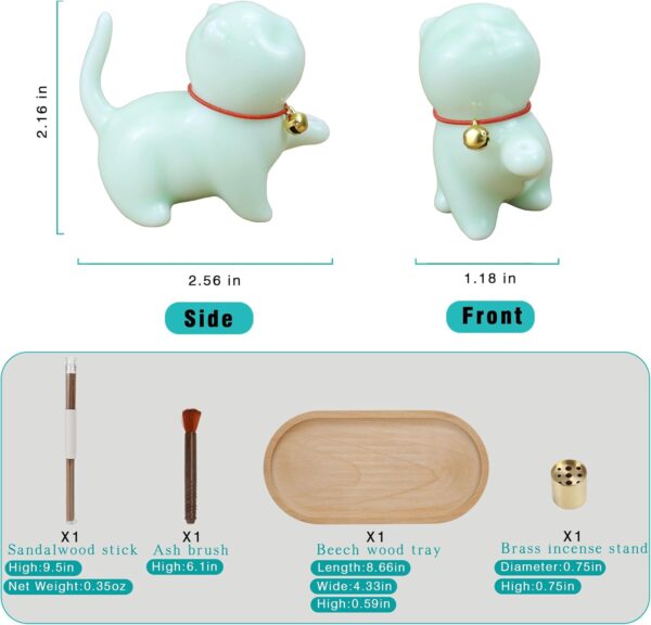 Cute Ceramic Cat Incense Stick Holder, Insence Burner Set, Large Beechwood Ash Catcher Copper Incense Stand Incense Sticks Brush, Meditation Yoga Massage Work Read Home Decor (A, B-Green)