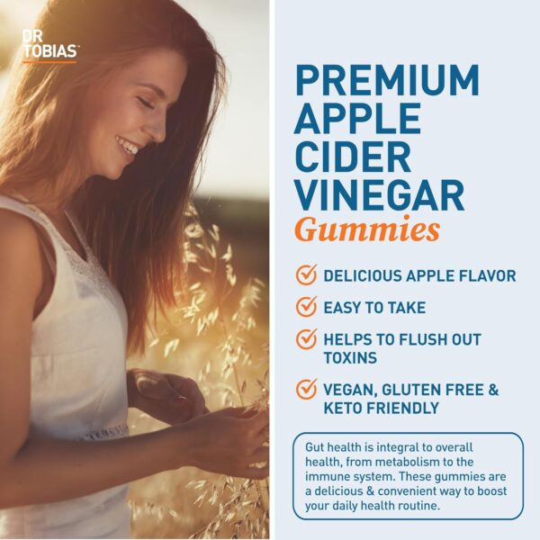 Dr. Tobias Apple Cider Vinegar Gummies, Includes 500 mg Apple Cider Vinegar with Mother, Folate, B12 & Iodine, Supports Gut Health, Cleanse & Detox, Vegan, Gluten-Free, 60 Gummies