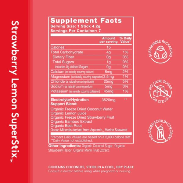 Sol-ti Organic Electrolytes + Hydration Drink Mix, Superfood Hydration Sticks, SuperStix, Non-GMO, Vegan, Strawberry Lemon, 14 Single-Serving Sticks