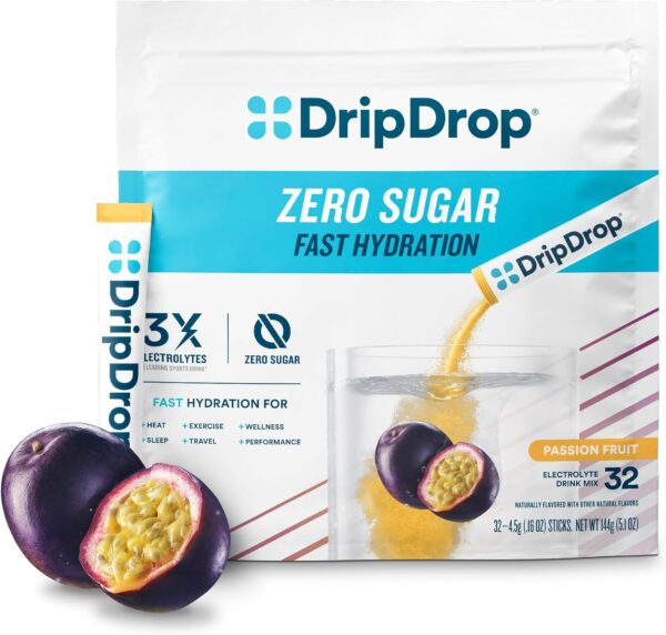 DripDrop Hydration - Zero Sugar Passion Fruit - Electrolyte Drink Mix Single Serve Powder Packets | Non-GMO, Gluten Free, Vegan | 32 Sticks