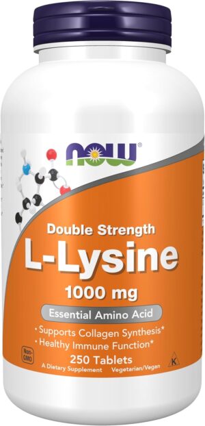 NOW Foods Supplements, L-Lysine (L-Lysine Hydrochloride) 1,000 mg, Double Strength, Amino Acid, 250 Tablets