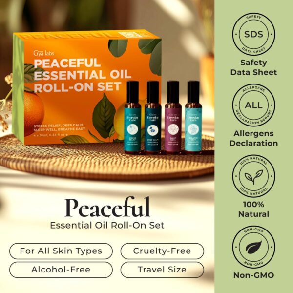 Gya Labs Peaceful Roll on Essential Oils Set - 100% Pure Natural Relaxing Gift for Women & Men - Blend for Calming, Refreshing, Stress Comfort, Good Sleep Essential Oil Gift Set (0.34 Fl Oz Each)