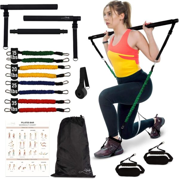 Verde Acqua Pilates Bar Kit with Resistance Bands for Women - Multifunctional Pilates Sculpt Bar for Any Height - Workout Equipment for Home Gym - Includes Exercise Chart for Full Body Workout