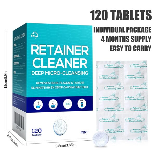 Retainer & Denture Cleaner Tablets 120 Pcs (4 Months Supply) - Retainer Cleaner Tablets for Invisalign,Retainers, Dentures, Night & Mouth Guard,Removes Stains & Plaque, Mint Flavor