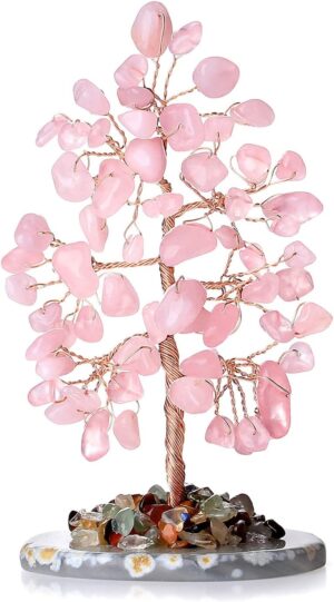 Rose Quartz Healing Crystal Tree of Life Natural Gemstone Agate Slice Base Copper Wire Wrapped Money Trees Pink Feng Shui Reiki Energy Decorations Home Office Room Desk Decor Gifts for Women Men