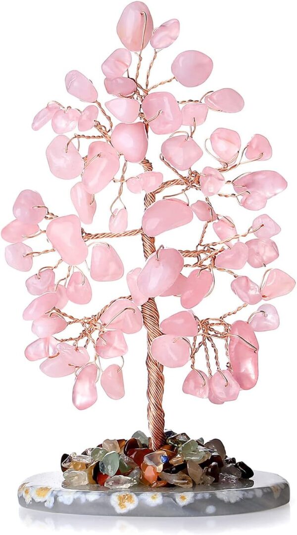 Rose Quartz Healing Crystal Tree of Life Natural Gemstone Agate Slice Base Copper Wire Wrapped Money Trees Pink Feng Shui Reiki Energy Decorations Home Office Room Desk Decor Gifts for Women Men