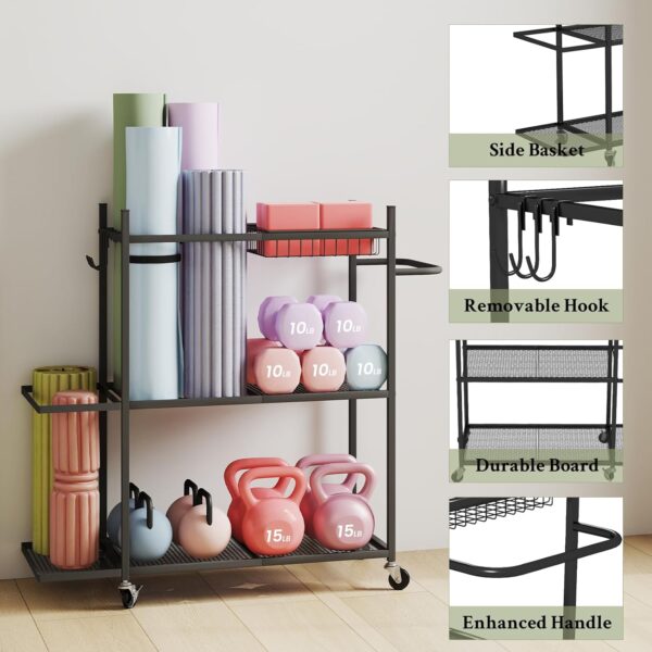 Hadulcet Yoga Mat Storage Rack, Stable Home Gym Storage for Dumbbells, Kettlebell, Workout Equipment Storage Organizer with Removable Hooks, Yoga Mat Holder for Easy to Move