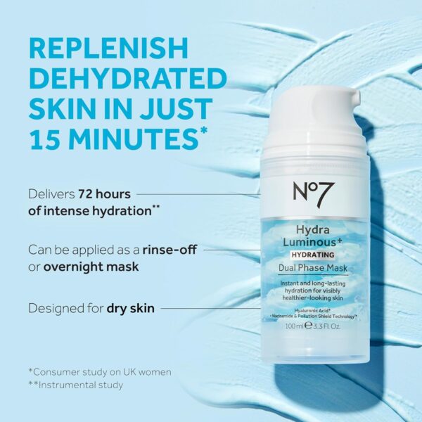 71rrorv6PWL._SL1500_.jpg No7 HydraLuminous+ Hydrating Dual Phase Face Mask - Hyaluronic Acid Overnight Face Mask with Vitamin B3 Niacinamide for Skin Barrier Repair & Radiant-Looking Skin (3.5 Fl Oz)