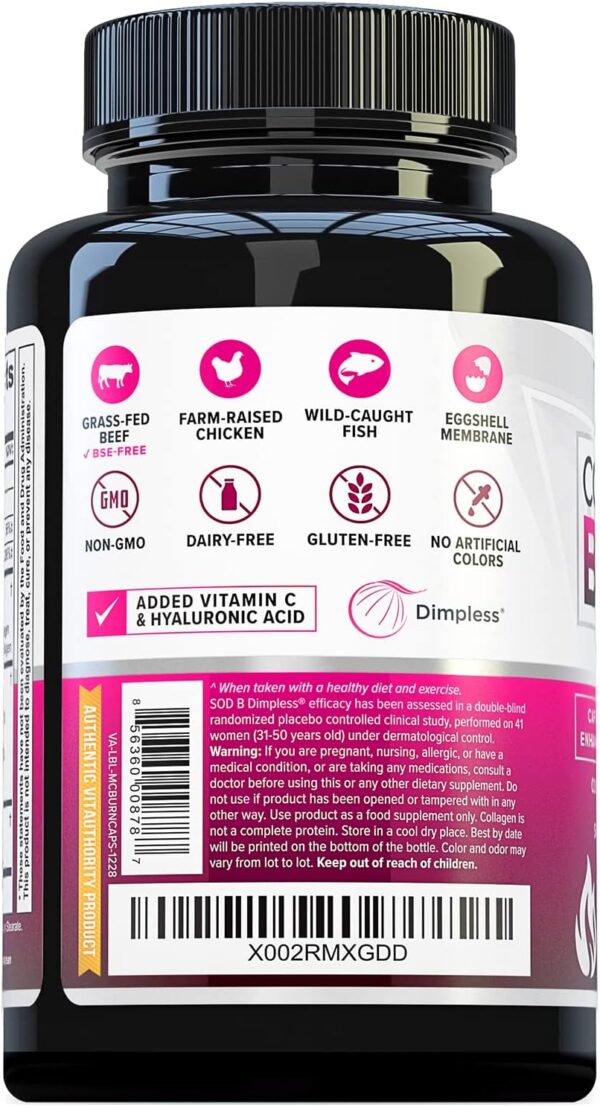 Multi Collagen Burn: Multi-Type Hydrolyzed Protein Peptides with Hyaluronic Acid, Vitamin C, SOD B Dimpless, Types I, II, III, V and X, Caffeine-Free (Unflavored Capsules)