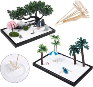 Zen Garden Kit 11x8 with White Sand Japanese Mini Beach Zen Sand Artificial Bonsai Tree Rocks Rakes and Accessories for Prayer,Home,Office Desk Zen Sand Garden,Sand Tray Meditation Room