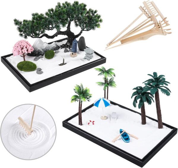 Zen Garden Kit 11x8 with White Sand Japanese Mini Beach Zen Sand Artificial Bonsai Tree Rocks Rakes and Accessories for Prayer,Home,Office Desk Zen Sand Garden,Sand Tray Meditation Room