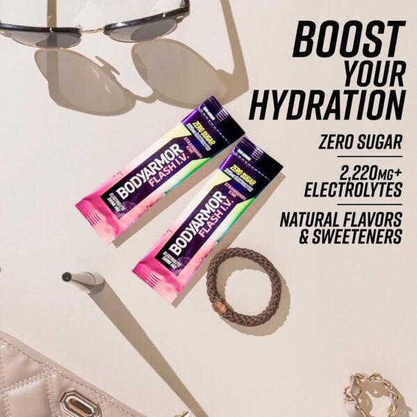 BODYARMOR Flash IV Electrolyte Packets, Strawberry Kiwi - Zero Sugar Drink Mix, Single Serve Packs, Coconut Water Powder (6 Count)