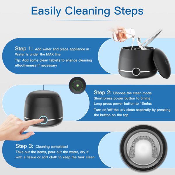 Ultrasonic Retainer Cleaner, 45kHz Denture Cleaner Machine, 5min and 10min Modes with Rechargable Top Cover, 200ml Dental Cleaning Pod, MouthGuard Cleaner for Aligner NightGuard Jewelry(Black)
