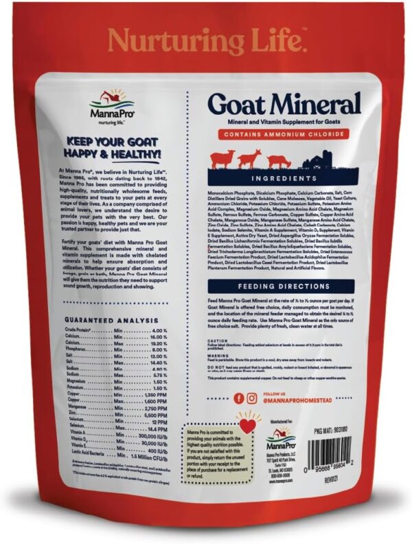 71sL6wTCtzL._AC_SL1080_.jpg Manna Pro Goat Mineral Supplement - Made with Vitamins & Minerals to Support Growth & Development - Contains Ammonium Chloride - Microbial Blend for Digestion - 8 lbs