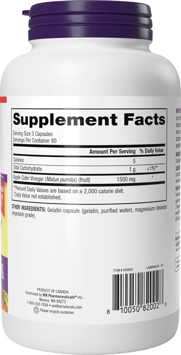 Webber Naturals Apple Cider Vinegar Capsules with The Mother, 1,500 mg per Serving, High Potency, 240 Capsules, Natural Digestion Support, Non-GMO, Gluten, Dairy & Sugar Free