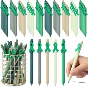 TecUnite 50 Pcs Mental Health Awareness Pens Green Ribbon Ballpoint Pens Bulk Motivational Therapist Alport Syndrome cerebral palsy Awareness Ribbons for Office Charity Favors Supplies Accessories