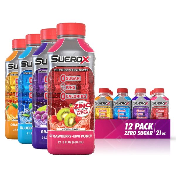 71sfecSuHoL._SL1500_.jpg SueroX Zero Sugar Electrolyte Drink for Hydration and Recovery, Unique Blend of Electrolytes & 8 Ions, Zero Calorie Sports Drink, 21.3 Fl Oz, Variety Pack, 12 Count