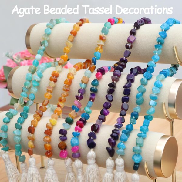 Agate Stone Hand Knotted Garland Modern Farmhouse Rustic Table Home Decor, 30inch Meditation Accessories with Tassel, Prayer Healing Beads Boho Wall Shelf Hanging Decoration (Deep Multicolor)