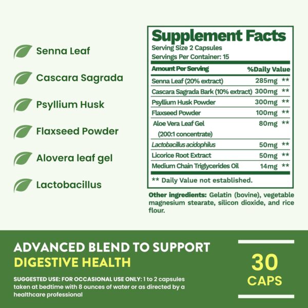 15 Day Advanced Colon Cleanse, Probiotics & Natural Herbs, Supports Detox & Gut Flora for Women & Men, with Cascara Sagrada, Psyllium Husk & Senna Leaf, 30 Capsules 1-2 Daily | 15 Day Cleanse