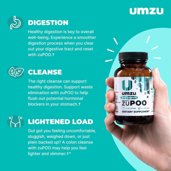 UMZU zuPOO Natural Colon Cleanse, Constipation Relief & Detox Supplement for Women & Men, Cascara Sagrada, Magnesium, Milk Thistle, Apple Cider Vinegar (15 Day Supply | 30 Capsules)