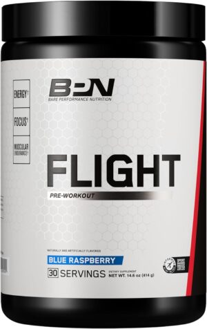 Bare Performance Nutrition BPN Flight Pre Workout, Supports Energy and Mental Focus, Improved Endurance & Muscle Pumps with CarnoSyn® Beta Alanine, Blue Raspberry, 30 Servings