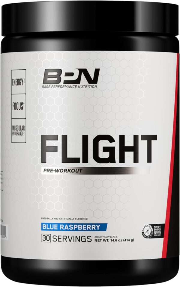 Bare Performance Nutrition BPN Flight Pre Workout, Supports Energy and Mental Focus, Improved Endurance & Muscle Pumps with CarnoSyn® Beta Alanine, Blue Raspberry, 30 Servings