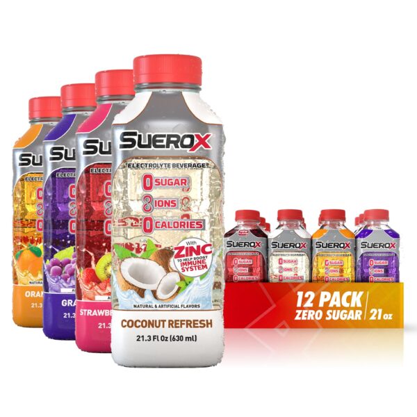 SueroX Zero Sugar Electrolyte Drink for Hydration and Recovery, Unique Blend of Electrolytes & 8 Ions, Zero Calorie Sports Drink, 21.3 Fl Oz, Tropical Pack, 12 Count