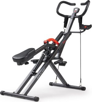 Sunny Health & Fitness Row-N-Ride PRO, Full Body Combo Squat Machine w/Optional Resistance Band, Easy Setup Ab Workout Exercise Equipment for Home, Whole Body Cardio, Optional SunnyFit App Connection