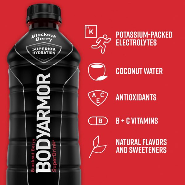 BODYARMOR Sports Drink Sports Beverage, Blackout Berry, Coconut Water Hydration, Natural Flavors With Vitamins, Potassium-Packed Electrolytes, Perfect For Athletes, 28 Fl Oz (Pack of 12)