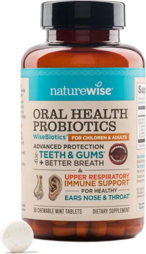NatureWise Oral Probiotics for Teeth & Gums & Fresh Breath* - Chewable Sugar-Free Mint Tablet - Dental Support for Kids & Adults w/ BLIS K12 & M18 - Non-GMO - 50 Count[50-Day Supply]