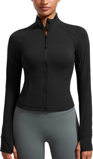 CRZ YOGA Butterluxe Womens Cropped Slim Fit Workout Jacket Weightless Track Athletic Full Zip Up Tops with Thumb Holes