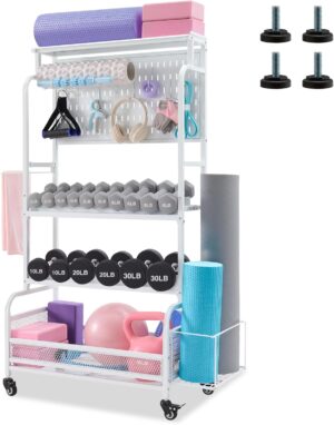 56'' Taller Home Gym Storage Organizer, Yoga Mat Storage Rack with Hanging Board, Exercise Workout Equipment Storage Stand for Home Gym, Dumbbell Holder Kettlebell Rack with Wheels and Hooks