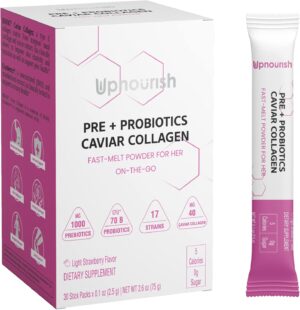 UpNourish Prebiotics, Probiotics and Caviar Colalgen for Women's Digestive & Weight Wellness, Skin Radiance, Joint Mobility, Feminine Health with Cranberry Extract & D-Mannose, 30 Fast-melt Packets