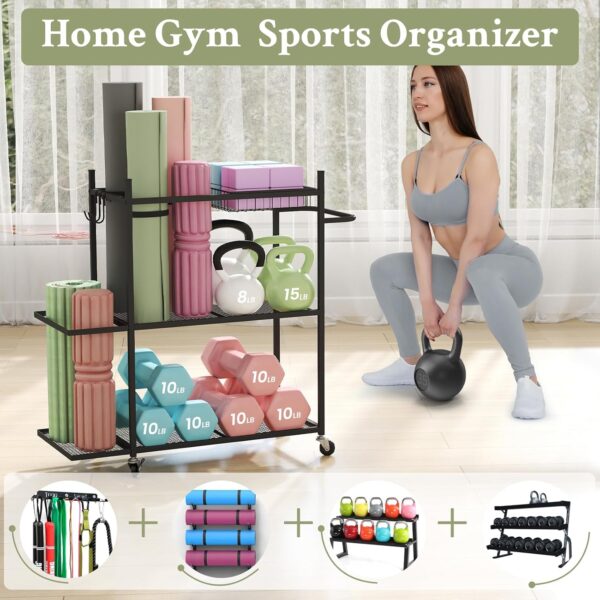 Hadulcet Yoga Mat Storage Rack, Stable Home Gym Storage for Dumbbells, Kettlebell, Workout Equipment Storage Organizer with Removable Hooks, Yoga Mat Holder for Easy to Move