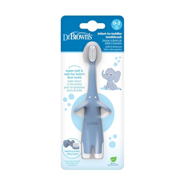 Dr. Brown's Infant-to-Toddler Training Toothbrush, Soft for Baby's First Teeth, Blue Elephant, 0-3 Years