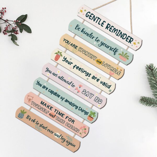 CHDITB Gentle Reminders Wooden Sign For Kids Room, 8pcs Positive Affirmations Wall Decor, Mental Health Wellbeing Art Therapy Office Sign, Reminding Hanging Art School Nursery Artwork