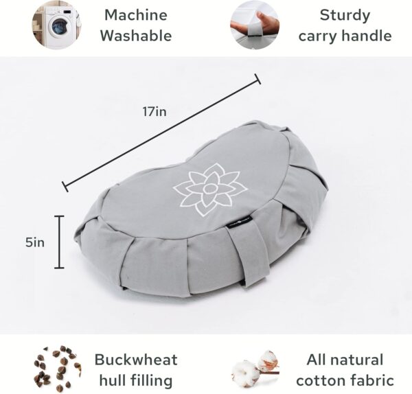 Mindful & Modern Large Meditation Cushion | Zafu Yoga Bolster Meditation Floor Pillow Seat | Buckwheat Hull Filled Crescent Shaped Cushion with Removable Washable Cover + Carry Handle