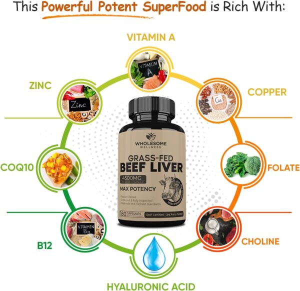 Wholesome Wellness Grass Fed Desiccated Beef Liver Capsules (180 Pills, 750mg Each) - Natural Iron, Vitamin A, B12 for Energy - Raised Undefatted in New Zealand Without Hormones or Chemicals