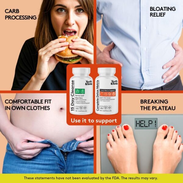 Youth & Tonic 15 Day Cleanse & Carb Matrix Support for Bloating, Gut & Metabolism Health, Break The Plateau, Feel Lighter & Energized, Colon Cleanser & Detox with ACV, Glucomannan, Chromium, 60 Pills