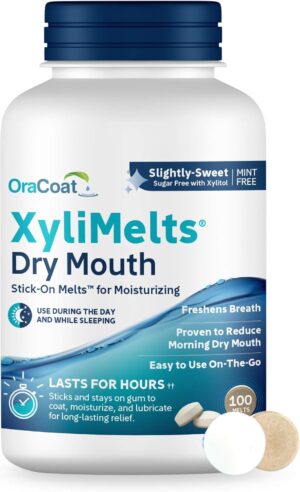 OraCoat XyliMelts Dry Mouth Relief Moisturizing Stick-On-Melts w/Xylitol, 100 Count, Slightly Sweet, Helps Stimulates Saliva for Dry Mouth, Non-Acidic