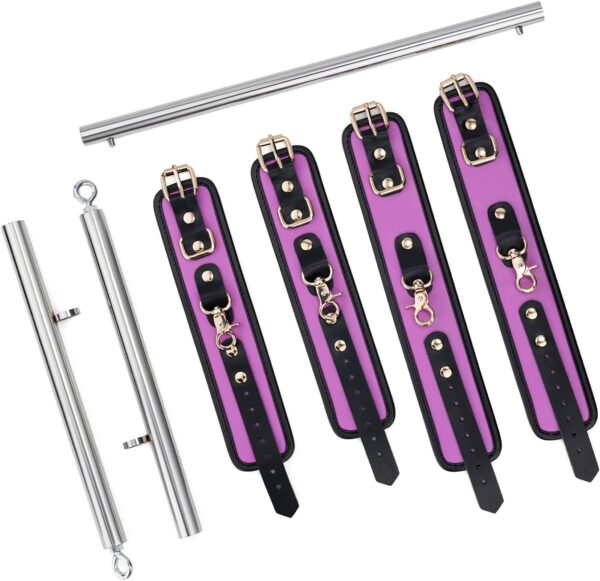 Spreader Bar Heavy Duty Stainless Steel Expandable Black Bar Home Gym with 4pcs Furry Purple Adjustable Strap,Sports Aid Training Fitness Gear Pilates Aid Kit,Yoga Set