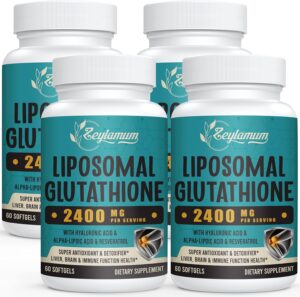 2400 MG Liposomal Glutathione Softgels, Max Absorption, Active Form L-Glutathione Reduced (GSH), with Hyaluronic Acid, Resveratrol, Master Antioxidants for Detox, Brain, Immune System, 240 Softgels